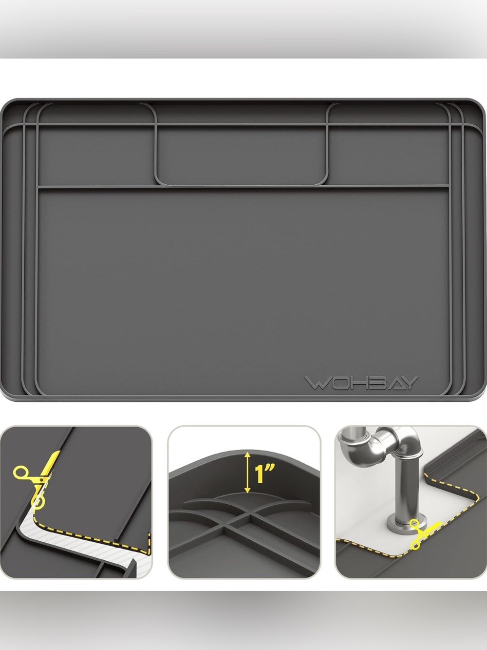 Under Sink Mats Kitchen Waterproof 34"x22",Grey Cut to Fit Design Various Sizes
